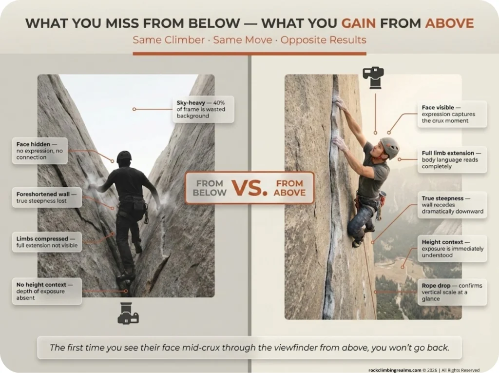 Split-screen climbing photography comparison infographic showing the same climber on the same crux move photographed from below versus from above, with labeled annotations highlighting compositional differences.