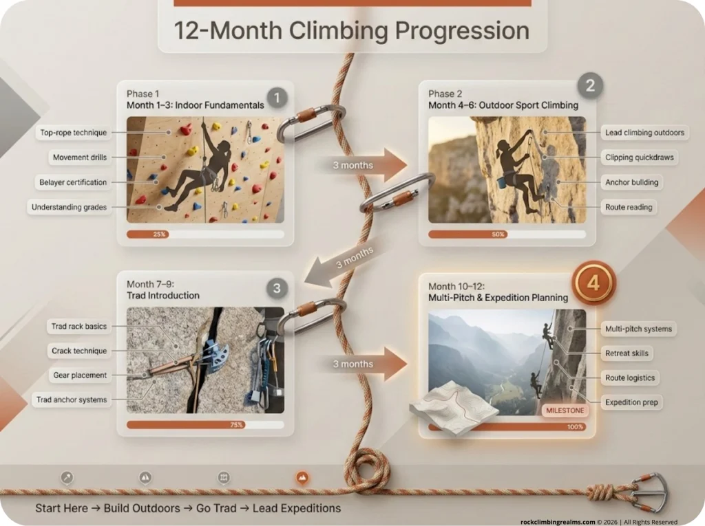 12-month climbing skill progression timeline infographic with four phases: indoor fundamentals, outdoor sport, trad introduction, and multi-pitch expedition planning with milestones.