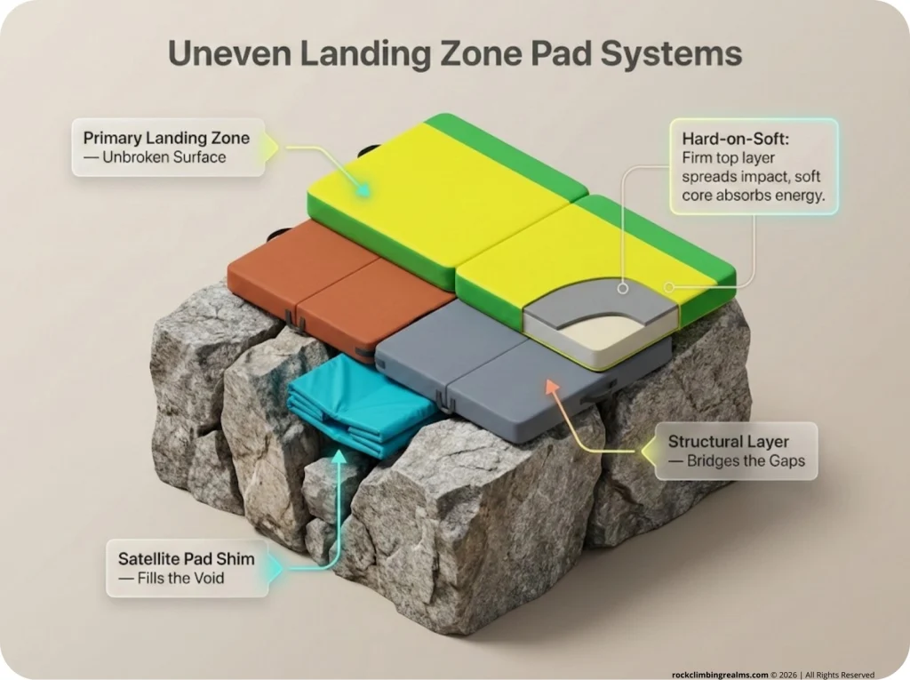 A 3D cross-section diagram of an uneven talus landing zone showing how to correctly stack crash pads in a Tetris-like formation to create a flat, safe surface using shims and satellite pads.