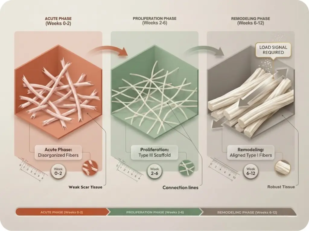 Three-panel progression diagram showing collagen fiber architecture during pulley injury healing: acute phase disorganized fibers, proliferation phase Type III scaffold, and remodeling phase aligned Type I fibers with load signal.
