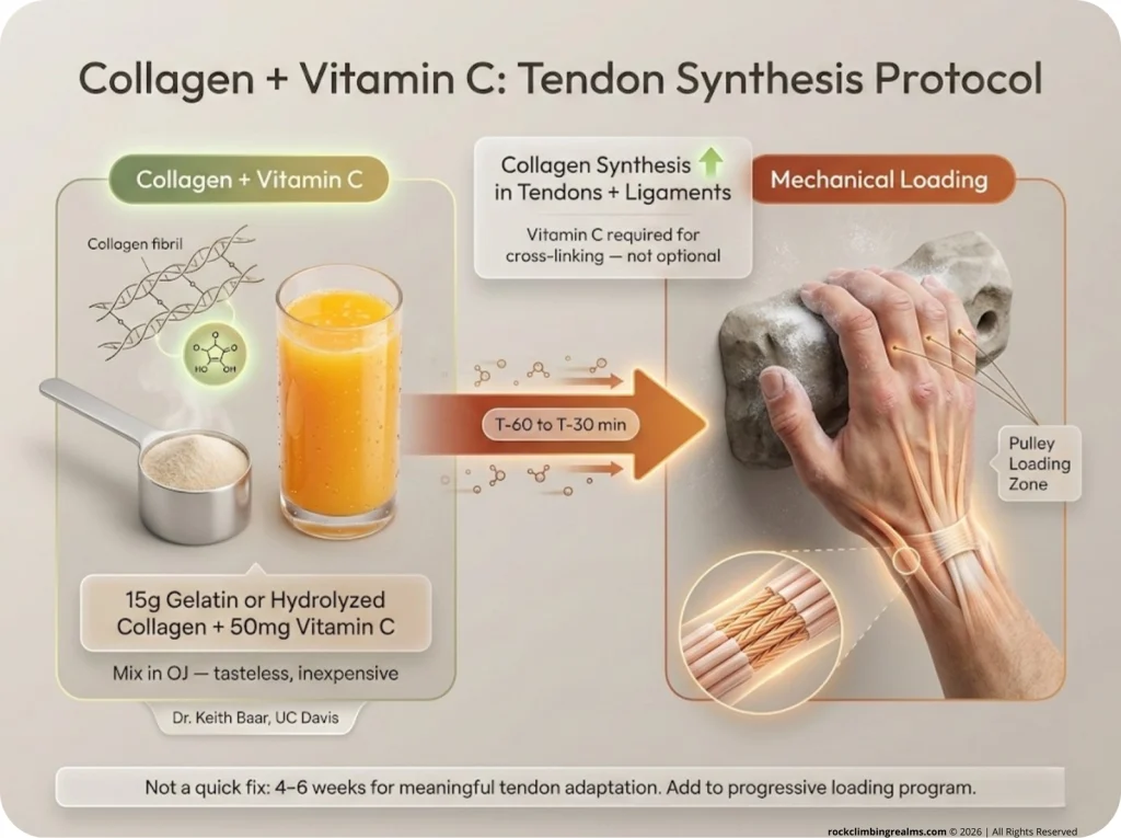 Infographic showing the collagen + vitamin C pre-session protocol flow: supplement intake 30–60 min before climbing and mechanical loading for tendon collagen synthesis.