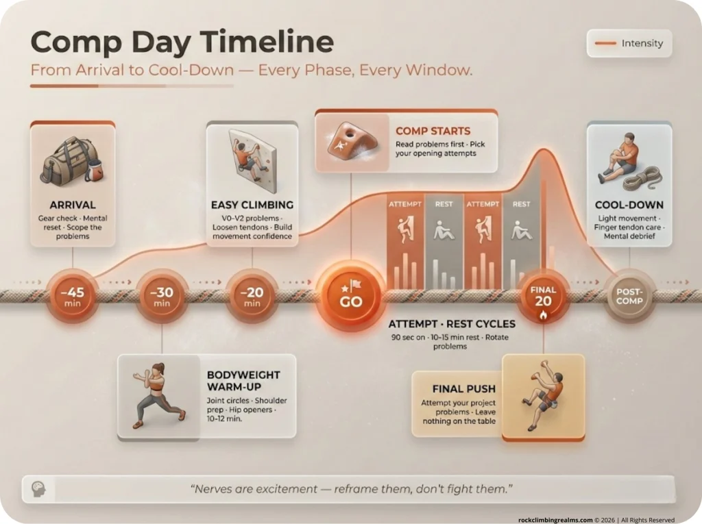 Climbing competition day timeline infographic showing arrival at minus 45 minutes through bodyweight warm-up, easy climbing, comp start, attempt and rest cycles, final push window, and cool-down phases with timing blocks.