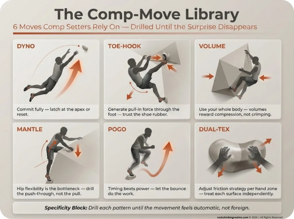Six-panel climbing competition move reference infographic showing Dyno, Toe-Hook, Volume, Mantle, Pogo, and Dual-Tex with body positions, force direction arrows, and one-line coaching cues.