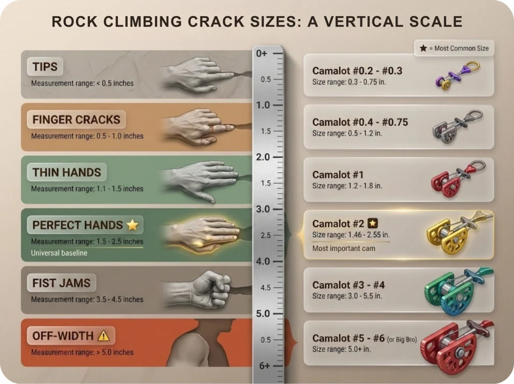 Crack-to-cam conversion chart showing six crack categories from tips to fist with hand silhouettes, corresponding Camalot sizes, and measurement ranges in vertical color-coded format.
