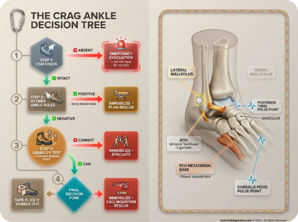Climbing crag ankle injury flowchart: CSM check → Ottawa Rules → 4-step usability test → tape & hobble or immobilize & evacuate, with lateral ankle anatomy labels.