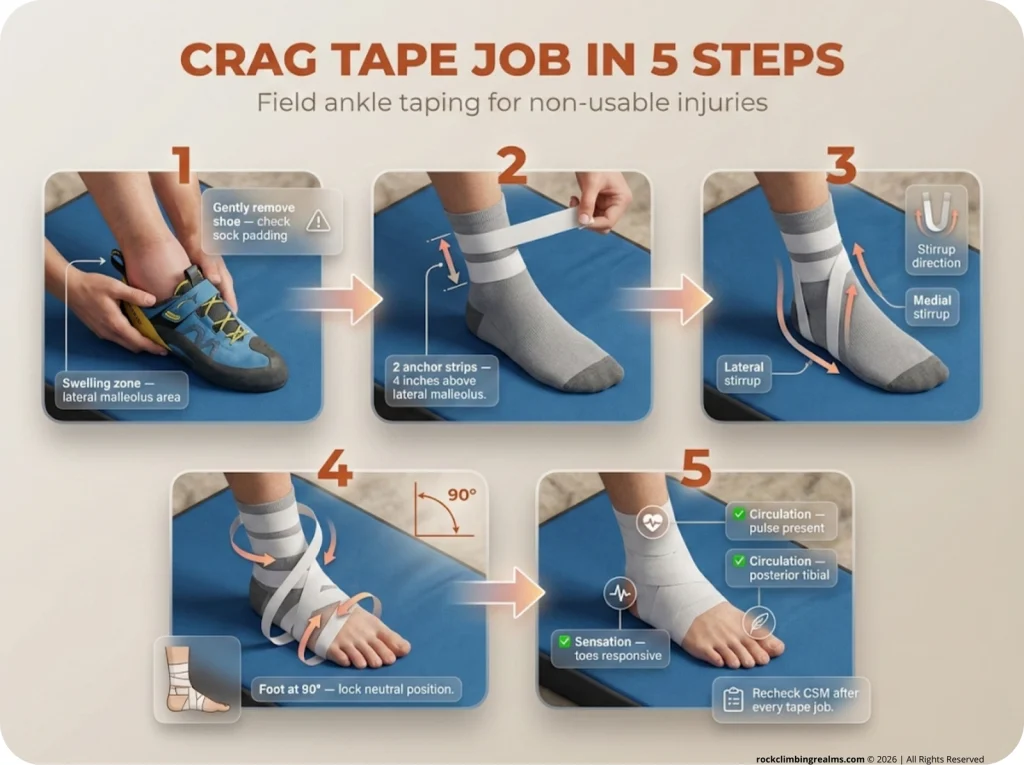 5-step crag ankle tape job sequence: shoe removal, anchor strip, stirrup wraps, figure-8 at 90°, finished job with CSM recheck shown on crash pad setting.