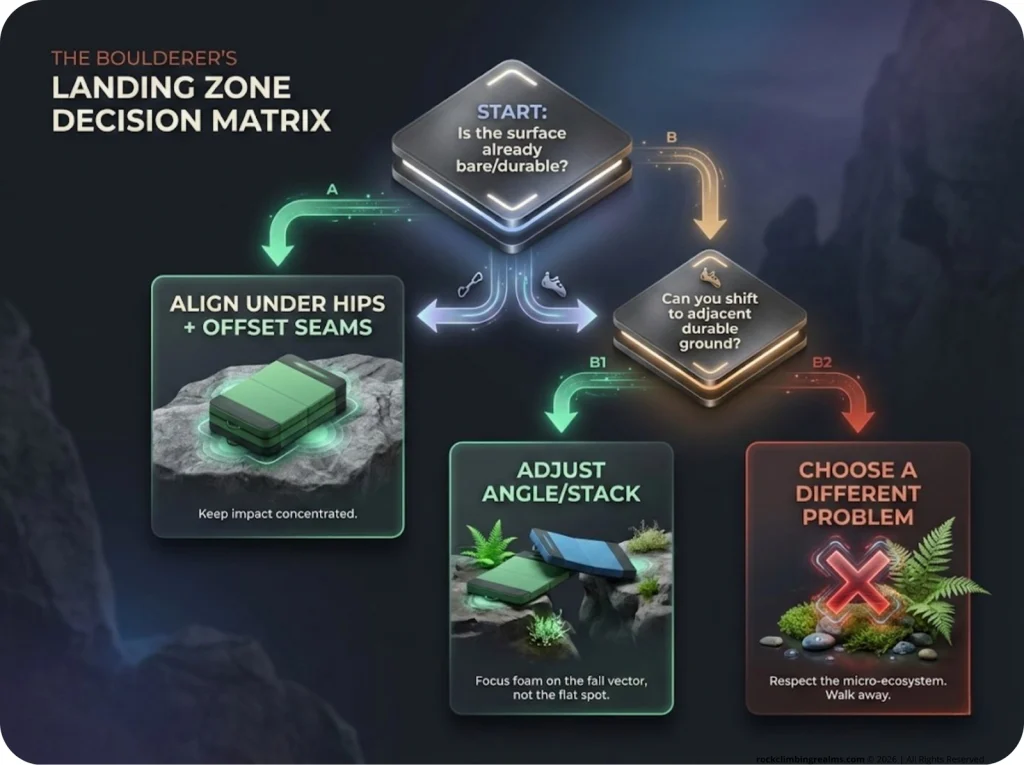A decision flowchart for bouldering crash pad placement, guiding climbers to choose durable surfaces, offset seams, or select a different boulder problem to protect vegetation.