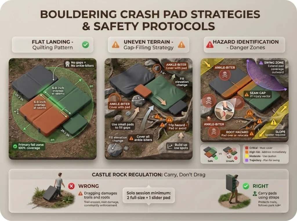 Overhead diagram showing correct crash pad placement with quilting pattern for flat landings, gap-filling strategy for uneven terrain, and ankle-biter hazard identification.
