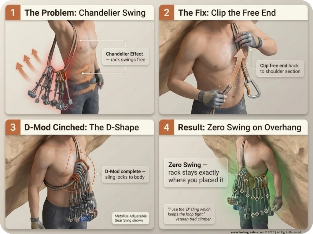 4-step infographic showing D-modification on gear sling: loose chandelier swing on overhang, clipping free end, D-mod cinched tight, and zero-swing result.