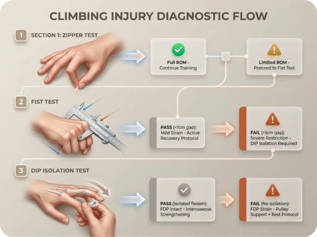 Diagnostic flowchart showing three climbing finger assessment tests (Zipper Test, Fist Test, DIP Isolation) with pass/fail criteria and corrective action pathways.