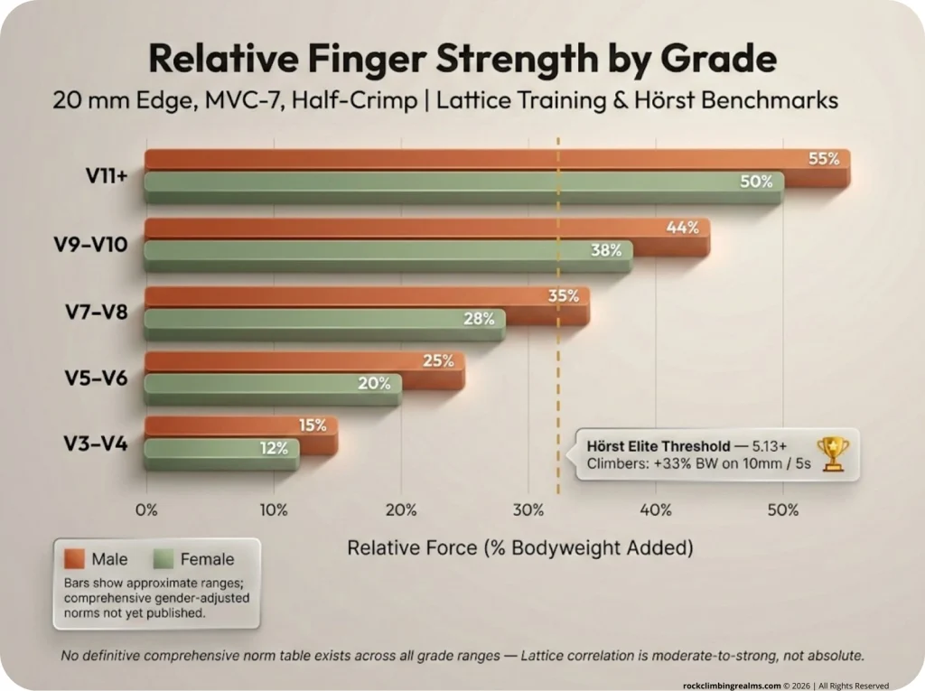 Horizontal bar chart showing relative finger strength percentage of bodyweight by climbing grade from V3-4 to V11+, with separate male and female bars and Hörst's elite threshold marker at 33% added load.