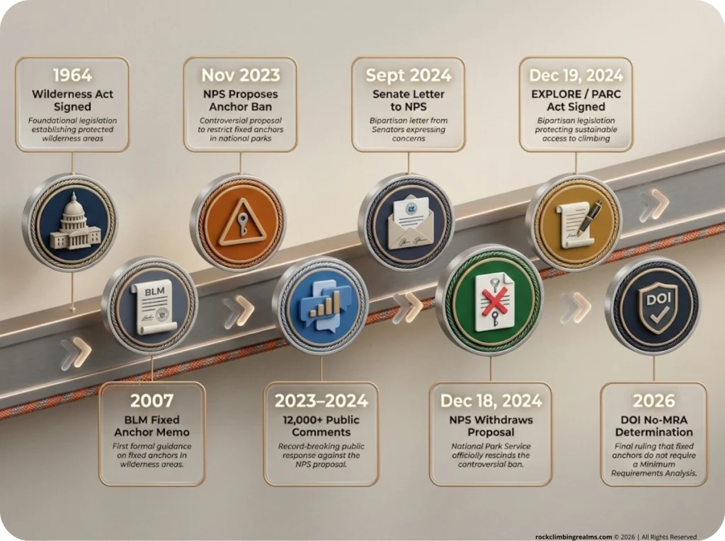 Historical timeline infographic of fixed anchor wilderness policy from 1964 Wilderness Act to 2026 DOI determination with 8 key milestones.