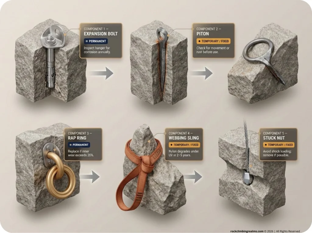 3D isometric infographic showing cross-sections of 5 climbing anchor types with permanent vs. temporary classification and safety notes.