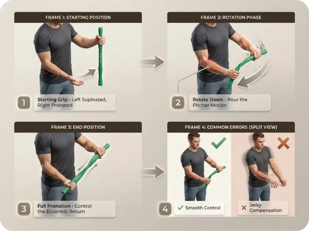 Four-frame instructional sequence demonstrating FlexBar "Over the Top" pronation exercise for climbers, showing proper grip position, rotation technique, and common form errors.