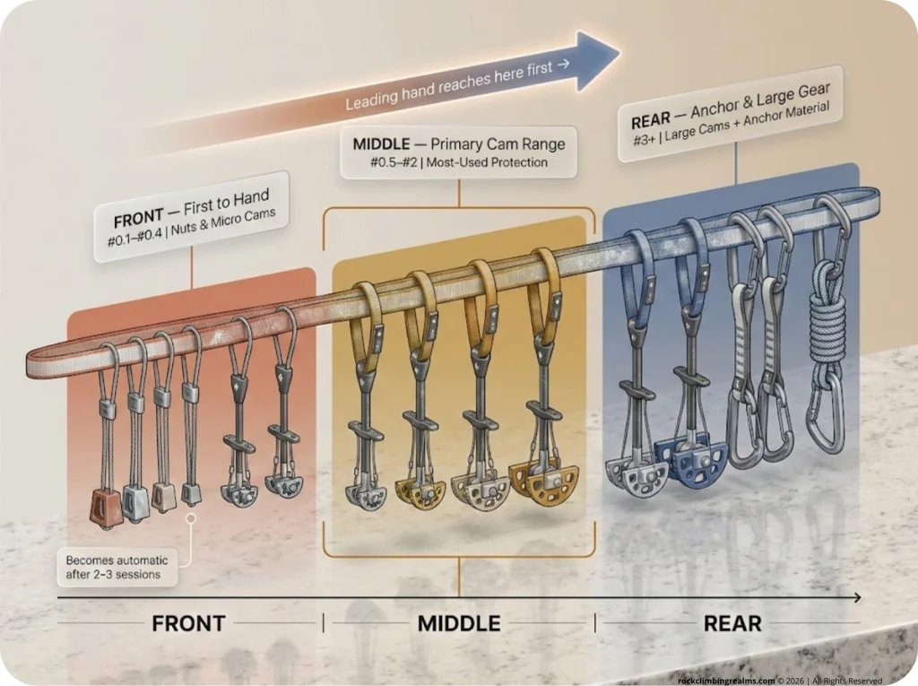 Front-to-back racking map infographic showing gear sling with three colored zones: Front nuts/micro cams #0.1–#0.4, Middle primary cams #0.5–#2, Rear large cams #3+ and anchor material.