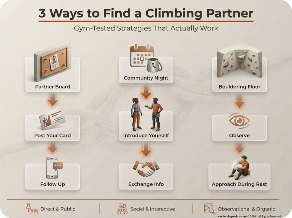 Climbing gym partner-finding flowchart showing three paths: Partner Board, Community Night, and Bouldering Floor, each with step-by-step approach tactics.