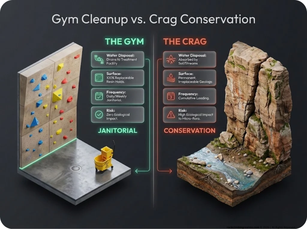 Side-by-side comparison infographic of Gym vs Crag chalk cleanup, contrasting water disposal, surface replaceability, cleanup frequency, and environmental risk.
