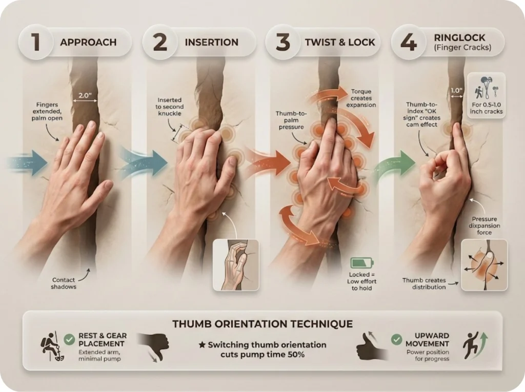 Four-frame sequence showing hand jam technique from approach to twist with torque arrows, plus ringlock OK sign hand position for finger cracks.