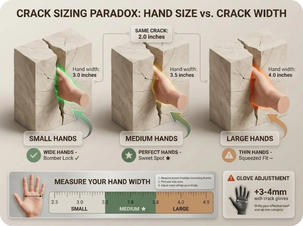Hand size calibration graphic showing how the same crack width registers as different categories for small, medium, and large hands, with measurement ruler guide.