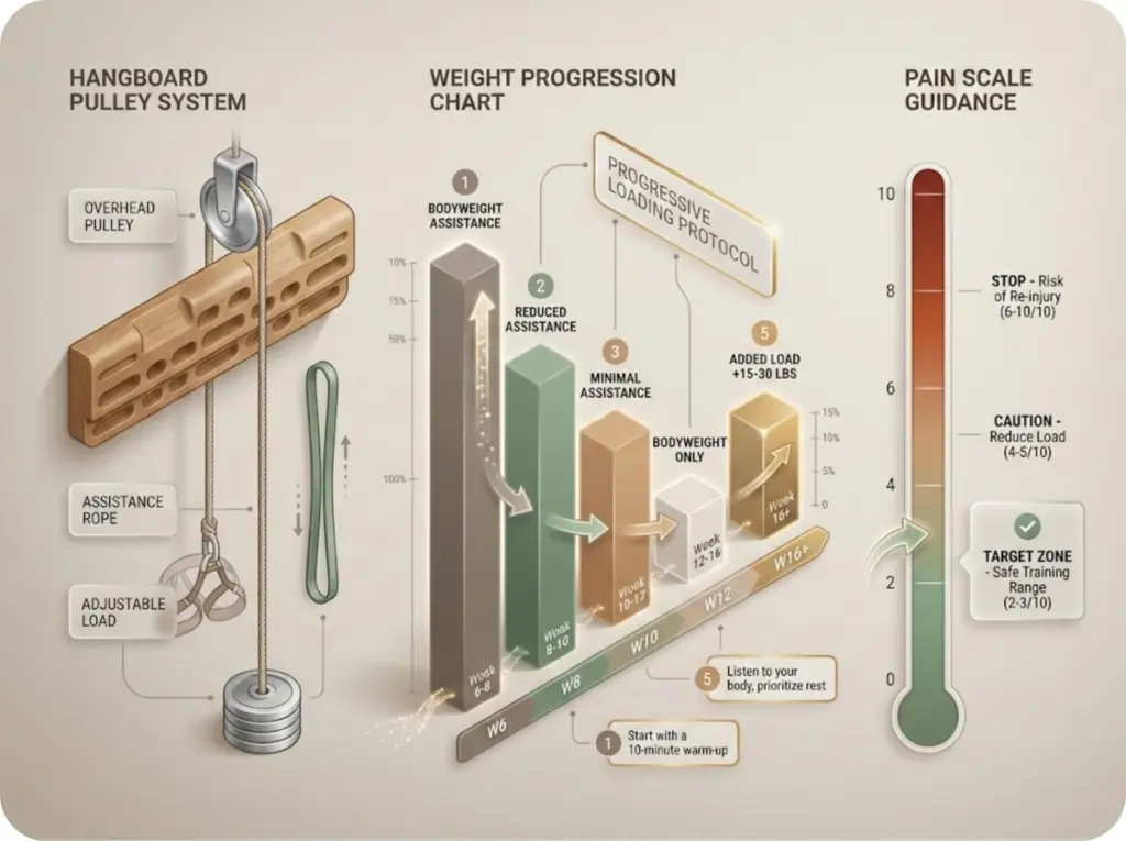 Hangboard rehabilitation setup showing pulley assistance system with weight progression chart from bodyweight to added load, and color-coded pain scale guidance for safe recovery training.