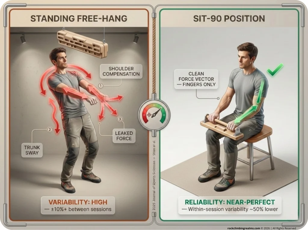 Side-by-side infographic comparing standing free-hang vs. Sit-90 hangboard testing positions, showing force vectors, trunk sway arrows, and reliability percentages for each.