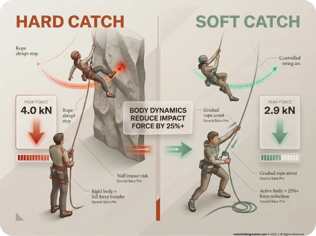 Side-by-side force diagram comparing hard catch at 4.0 kN with climber pendulum vs soft catch at 2.9 kN with controlled arc and belayer body dynamics.
