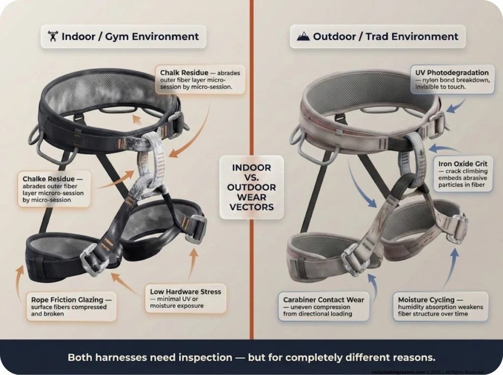 Split-screen infographic comparing gym harness chalk and friction wear zones vs. outdoor trad harness UV fade and grit scoring degradation patterns side by side.