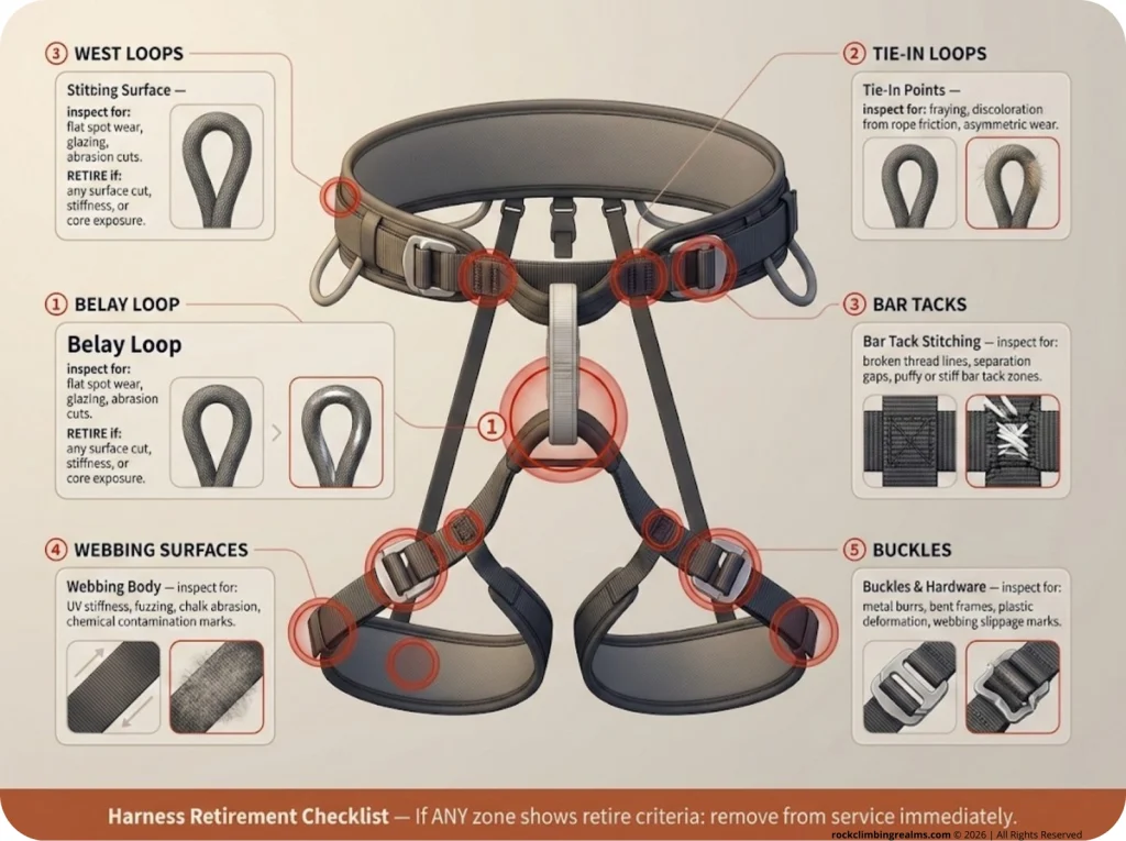 Annotated harness anatomy diagram showing 5 inspection zones — belay loop, tie-in loops, bar tacks, webbing, buckles — with good vs. retire wear indicators.