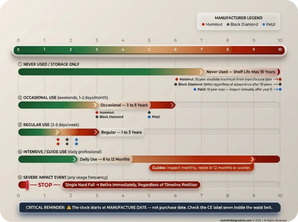 Horizontal timeline infographic showing harness retirement windows by usage frequency — occasional to daily — with Mammut, Black Diamond, and Petzl data overlaid on a green-to-red gradient.