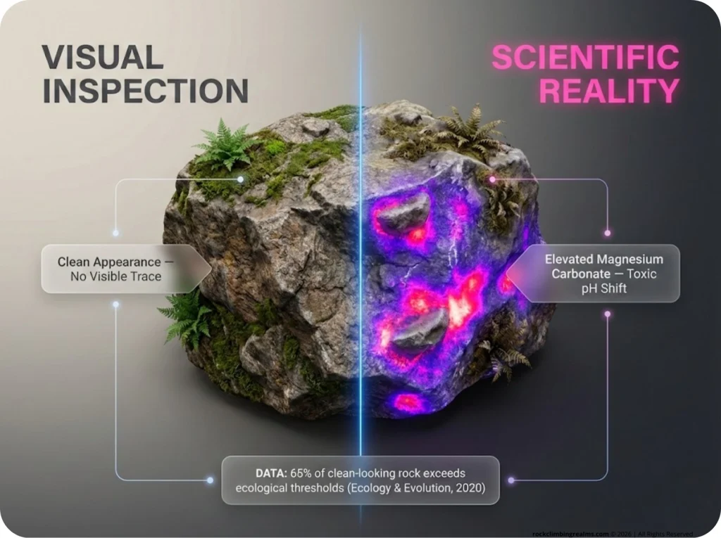 Split-view infographic of a climbing boulder showing a visually clean rock face on one side and a heat-map overlay revealing invisible magnesium carbonate contamination on the other.
