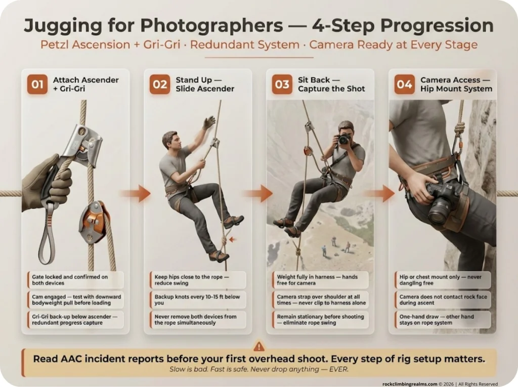 Four-frame step-by-step jugging sequence infographic for climbing photographers showing ascender and Gri-Gri attachment, foot loop ascent, sitting back to capture, and camera access from hip mount mid-hang with safety annotations.