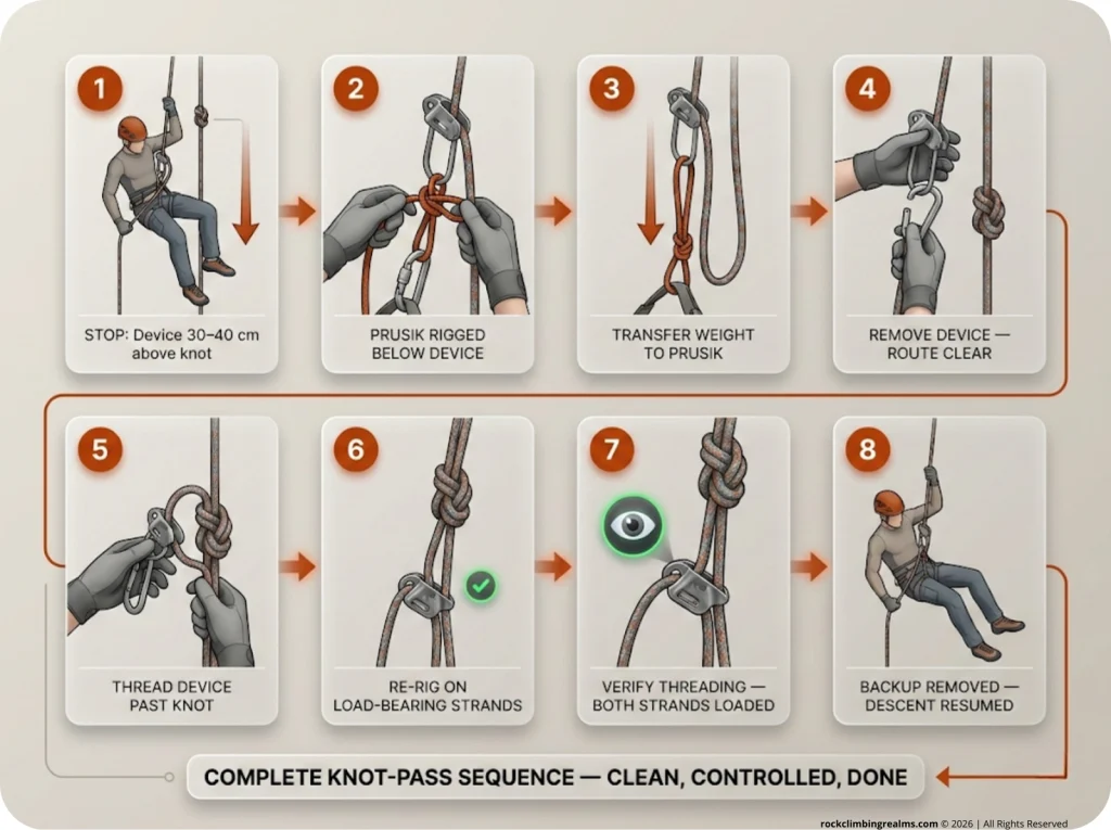 8-frame annotated climbing sequence showing complete mid-line knot-pass: stopping above knot, Prusik backup, weight transfer, device removal, re-rig, verification, and descent resume.