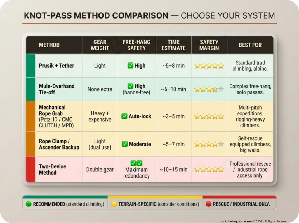 Decision matrix comparing 5 knot-pass methods by gear weight, free-hang safety, time, safety rating, and best-use scenario with green/yellow/red color coding.