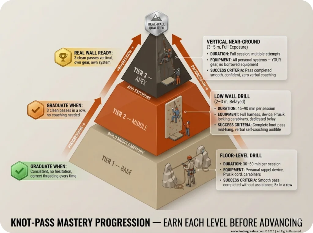 3-stage climbing training pyramid for knot-pass mastery: floor drill, low wall belayed, and vertical near-ground, with duration, gear, and graduation checkpoints at each level.