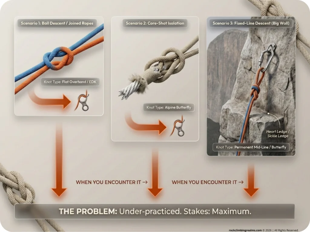 Climbing infographic flowchart showing 3 mid-line knot scenarios: bail rope join, core-shot butterfly isolation, and fixed-line descent with knot types.