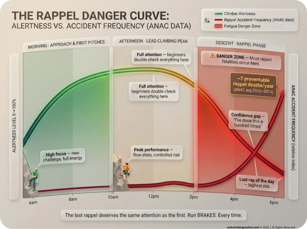 Timeline infographic showing climber alertness curve across a multi-pitch day with ANAC accident frequency overlay and descent danger zone where most rappel fatalities occur.