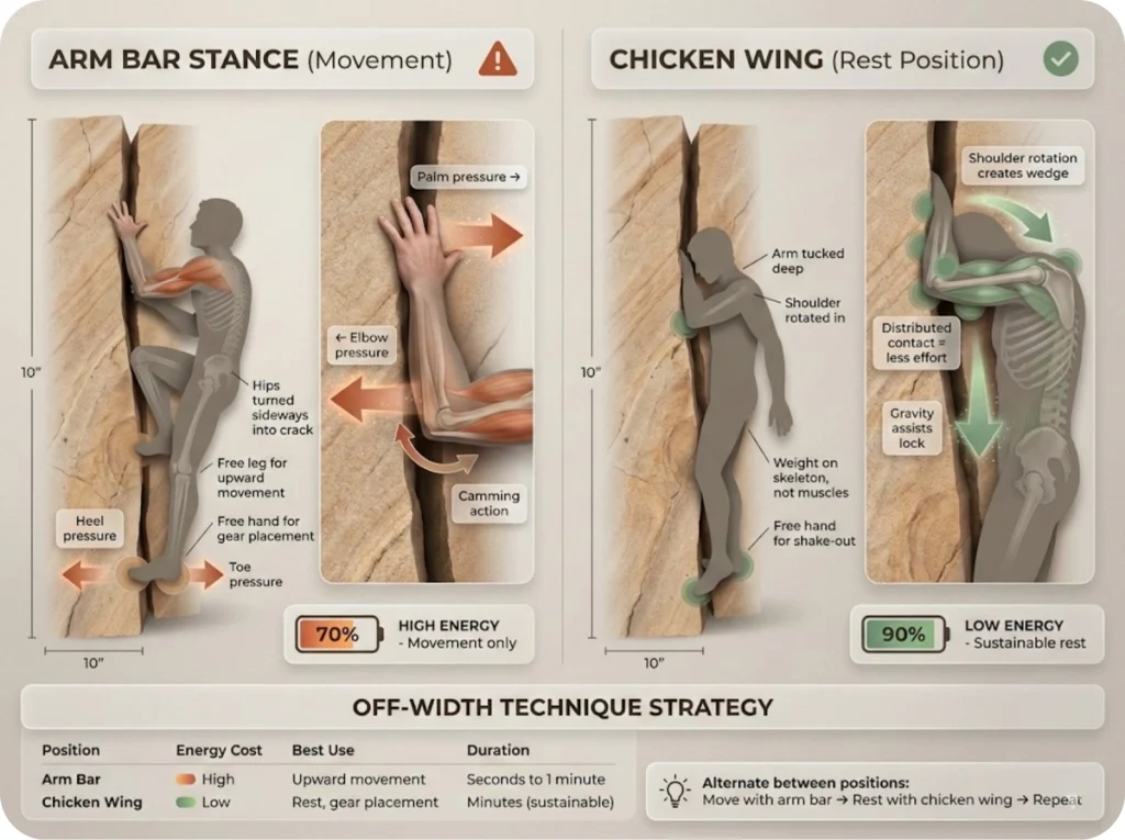 Body position diagram showing off-width climbing stance with arm-bar opposition and heel-toe jam, plus chicken wing rest position with force vectors.