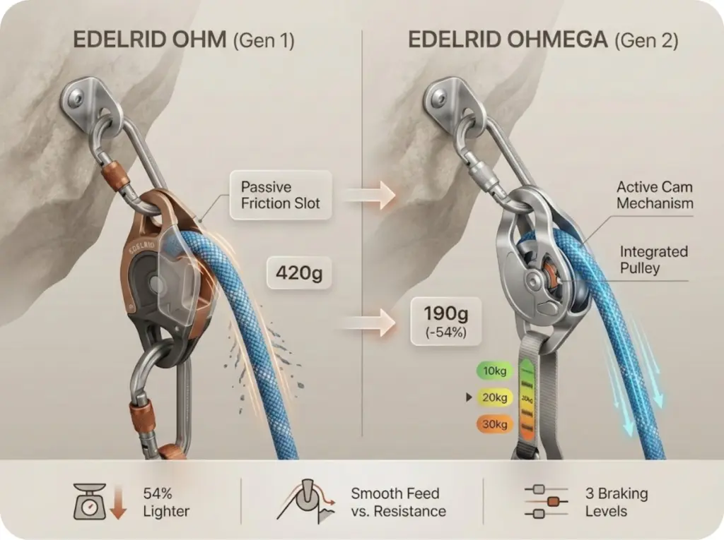 Side-by-side technical comparison of Edelrid Ohm and Ohmega belay devices showing passive slot mechanism versus active spring-loaded cam with integrated pulley system.