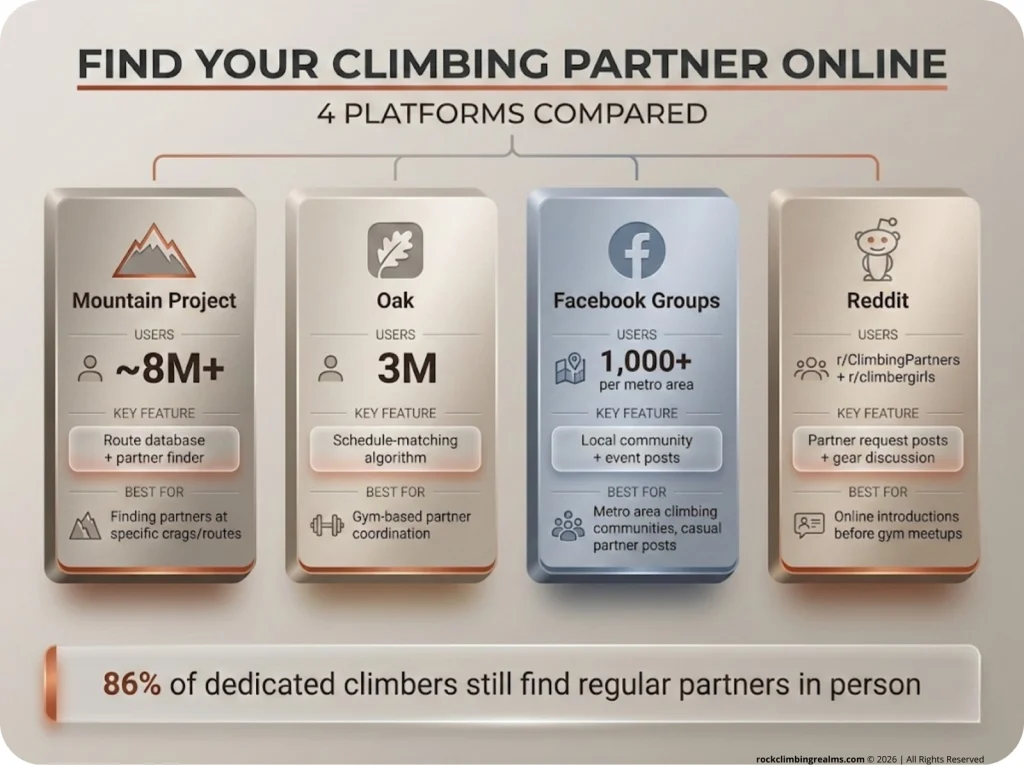 Side-by-side comparison card infographic of four online climbing partner platforms — Mountain Project, Oak, Facebook Groups, and Reddit — showing user count, key features, and best-use scenarios.