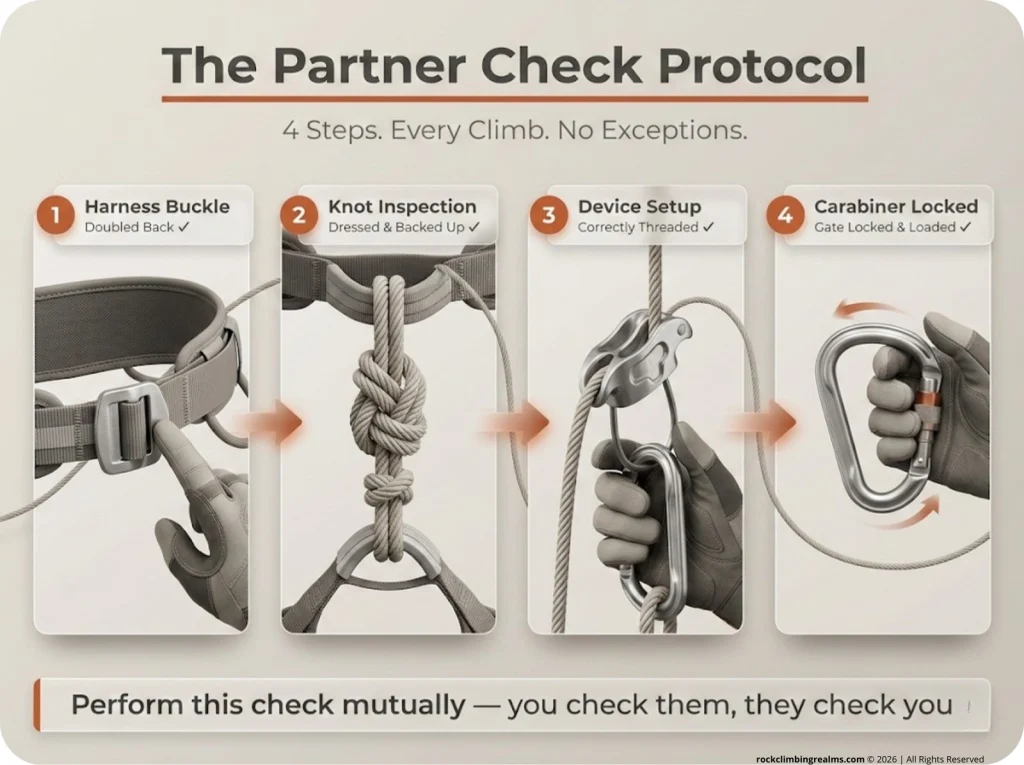 Four-panel step-by-step climbing partner check protocol infographic showing harness buckle check, knot inspection, belay device threading, and carabiner lock confirmation.