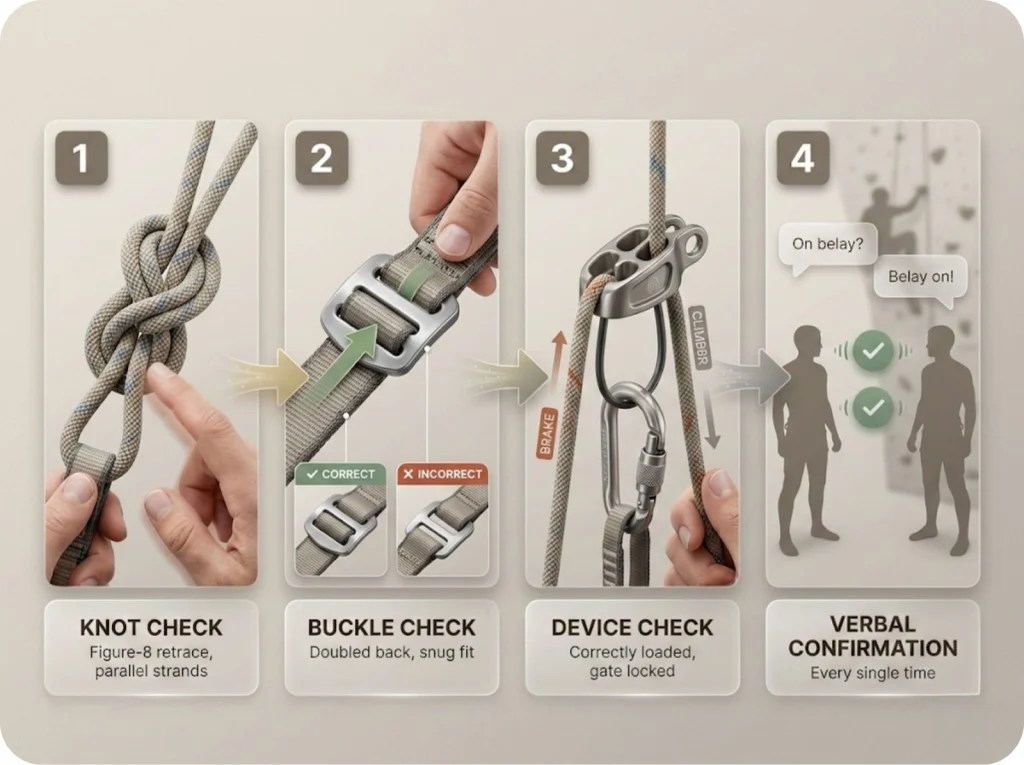 Four-panel partner check sequence showing knot inspection, harness buckle verification, belay device loading check, and verbal confirmation between climbing partners.