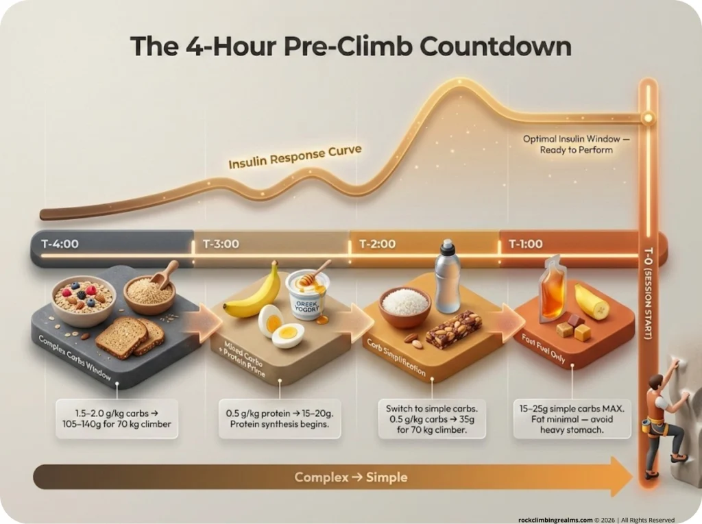 4-hour pre-climb nutrition timeline infographic showing carb type transitions from complex to simple, insulin response curve overlay, and g/kg targets for a 70 kg climber.