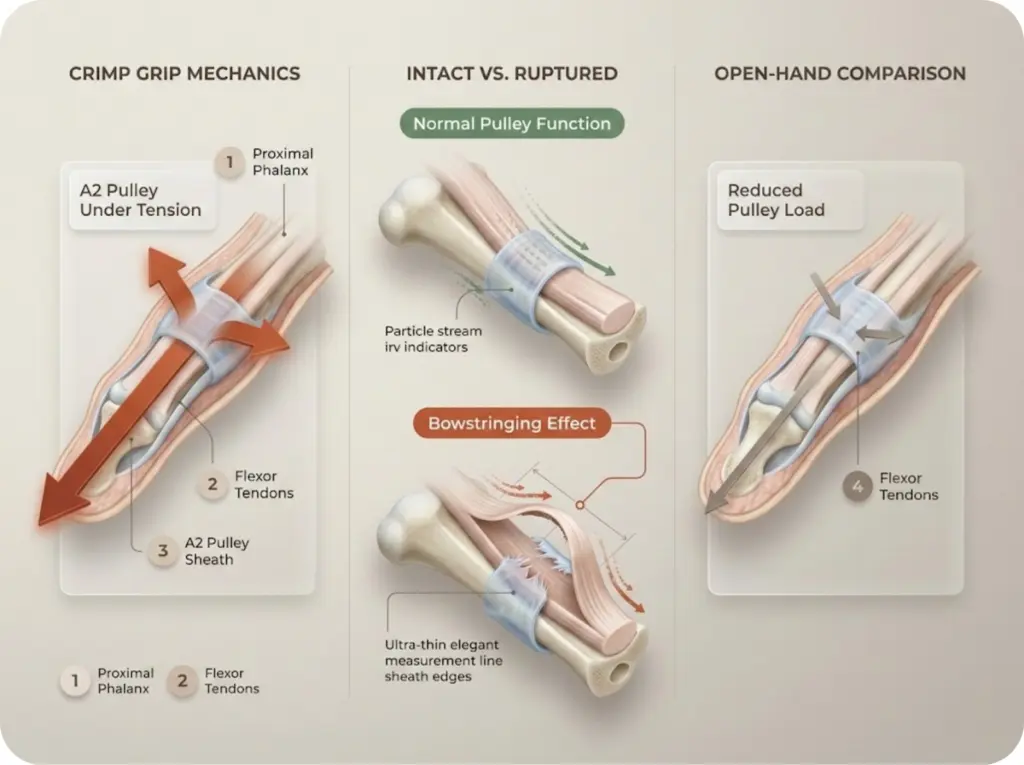 Cross-sectional anatomical diagram showing finger pulley mechanics during crimp vs. open-hand grip, with comparison of intact A2 pulley versus ruptured pulley with bowstringing effect.
