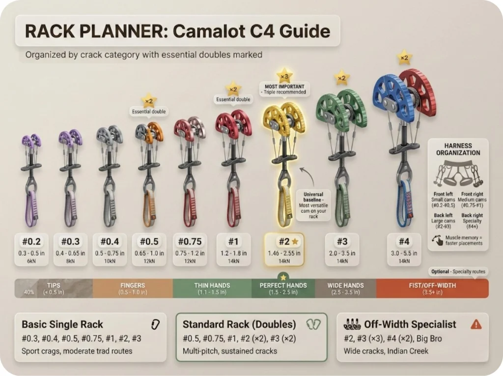 Rack planner showing Camalot models 0.2 through 4 arranged by size with color-coding matching crack categories, size ranges, and double-up indicators for essential sizes.