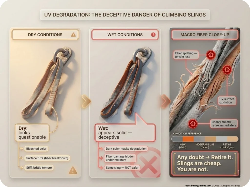 Three-panel climbing infographic comparing faded rappel sling in dry vs wet conditions and close-up of UV-degraded nylon fibers with red-flag field markers.