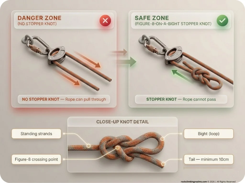 Side-by-side rappel safety infographic: rope without stopper knot danger zone vs figure-8-on-a-bight stopper knot with labeled close-up diagram.