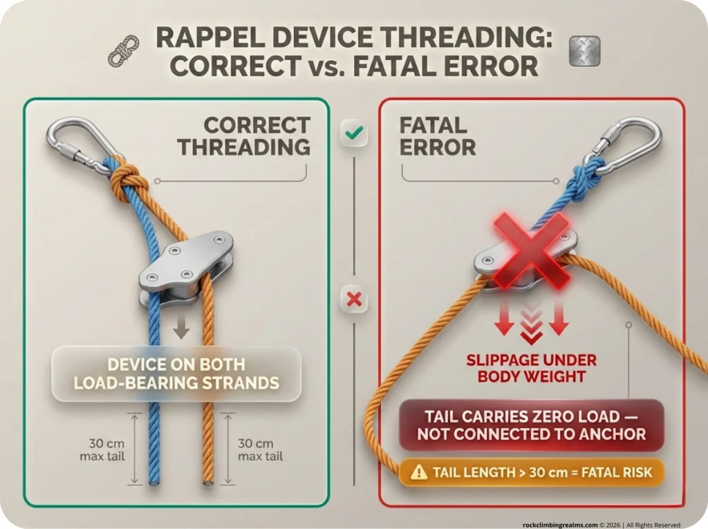 Split diagram comparing correct rappel device threading on load-bearing strands vs fatal tail-threading error, with force arrows and red X warning.