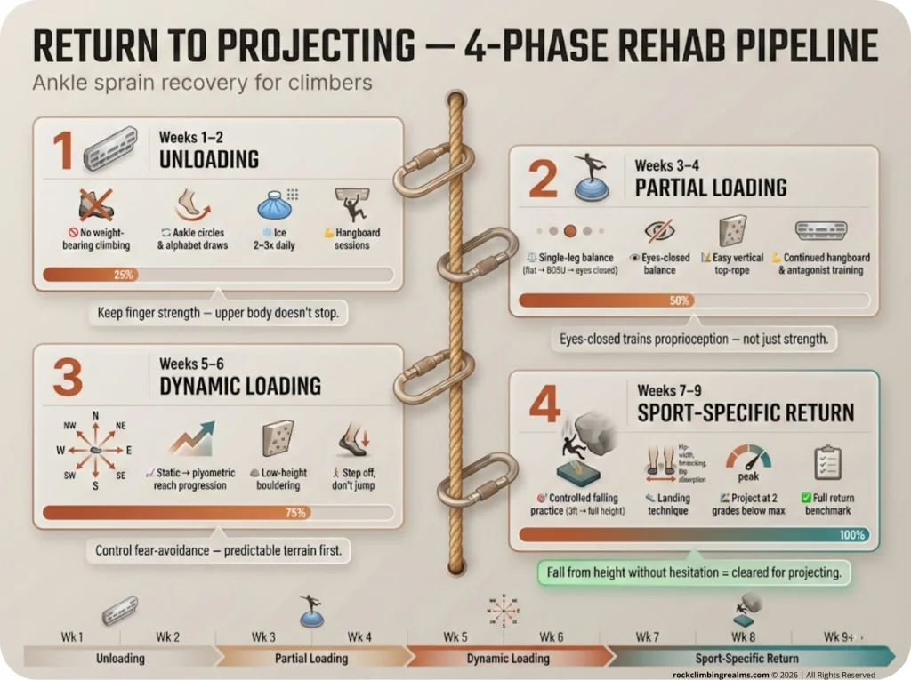 4-phase climbing ankle rehab timeline: Unloading with hangboard (wks 1–2), balance & top-rope (wks 3–4), star drill & bouldering (wks 5–6), controlled falls & projecting (wks 7–9).