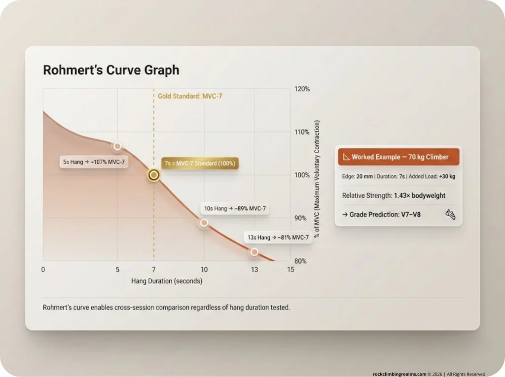Rohmert's curve graph showing hang duration on the X-axis versus percentage of MVC on the Y-axis, with plotted points at 5s, 7s, 10s, and 13s, plus a worked example callout for a 70kg climber.