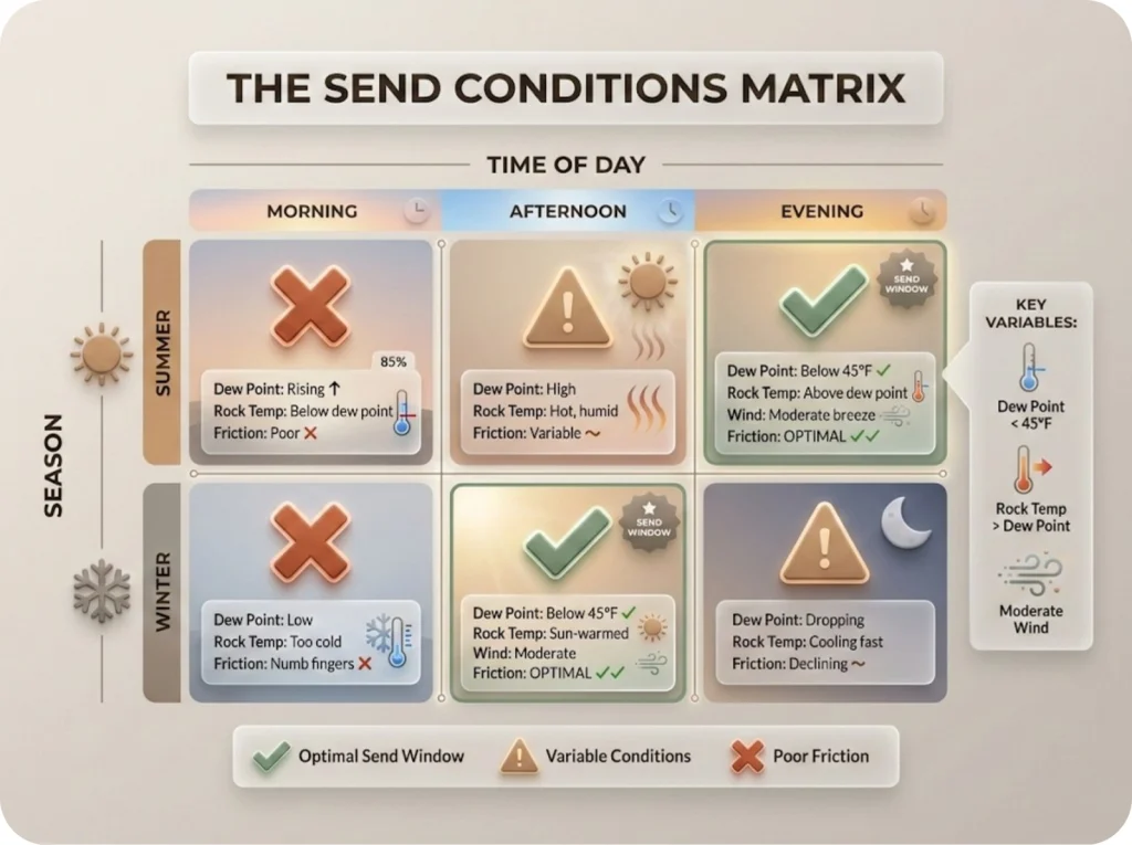 Send conditions matrix showing ideal climbing windows by season and time of day, with dew point and wind variables for optimal rock friction.